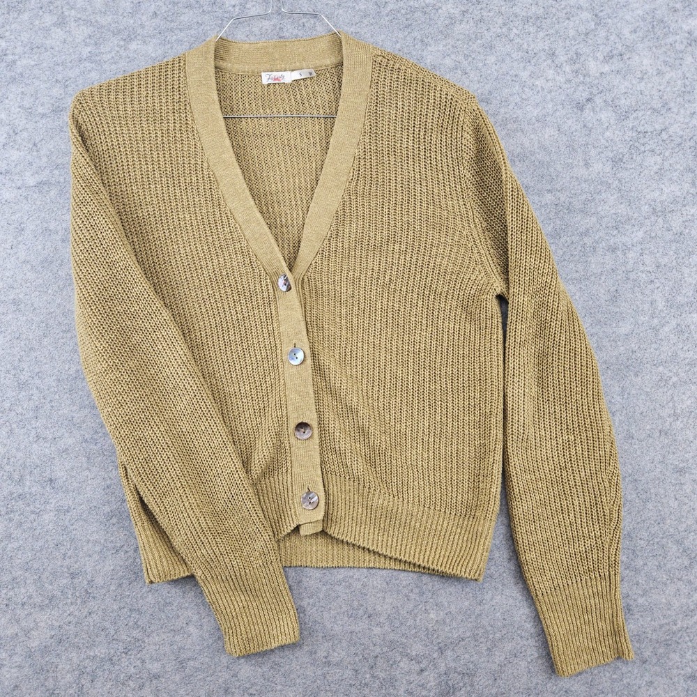 Faherty Cardigan Women Small Gold Linen Organic Cotton Shaker Stitch V-Neck Fall